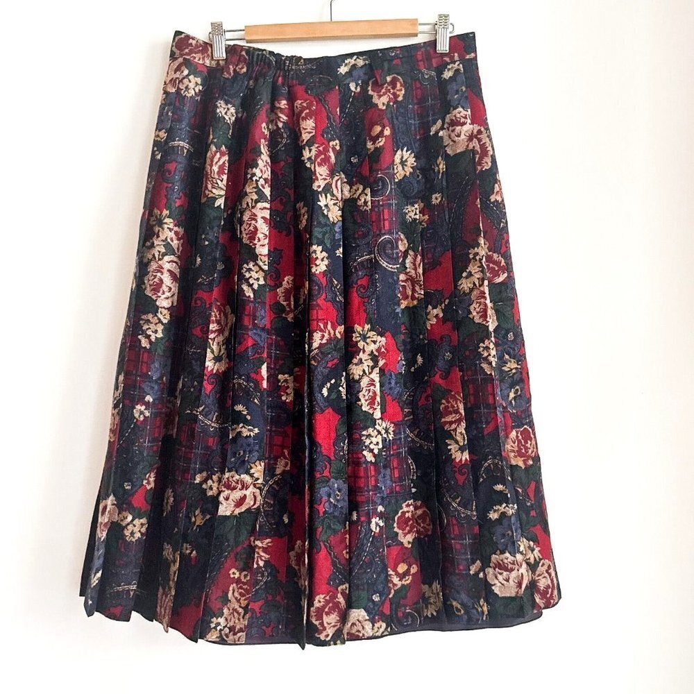 Vintage Hammer Floral Paisley Print Pleated Midi Skirt Wool L
